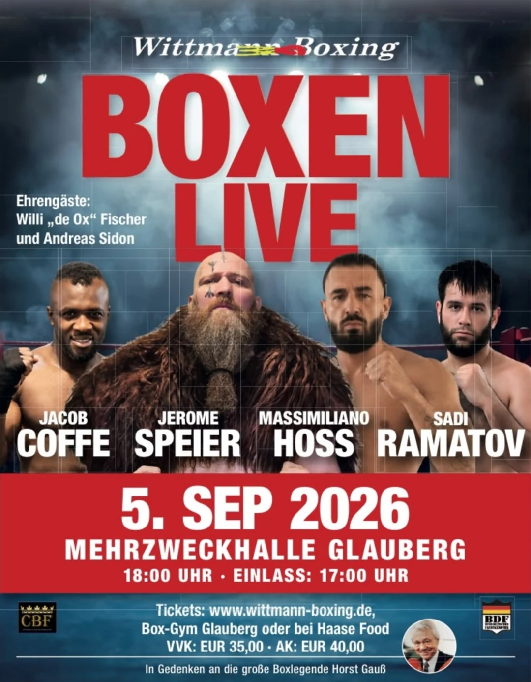 Offizieller Veranstaltungsflyer Boxen live am 5. September 2026 in der Mehrzweckhalle Glauberg